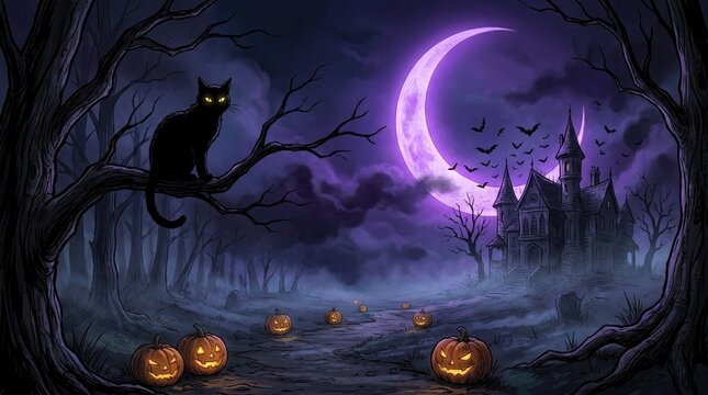 Spooky halloween night background with a black cat sitting on a tree branch near a haunted castle