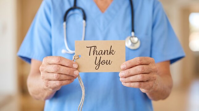 Medical Professional in Blue Scrubs Holding Thank You Card Appreciation Note for Healthcare Workers Doctor Nurse Gratitude Concept for Website Banner
