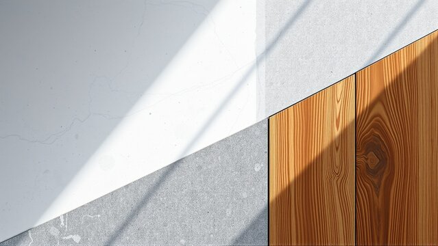 Abstract wall composition. Concrete, wood textures contrast with light, shadow. Minimalist design, geometric shapes present. Clean lines define space.