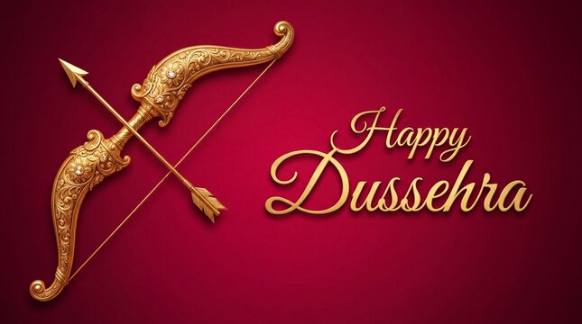 Golden Bow and Arrow with Typography Happy Dussehra Festival Red Background Banner.