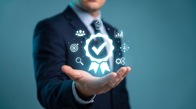 Businessman Hand Holding Quality Assurance Certification Seal Icon for Corporate Excellence Standards Compliance Graphic Layout Website Hero Header