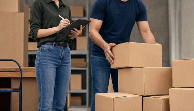 Warehouse employees sorting cardboard boxes and checking stock list on a tablet in a distribution center with package delivery supply chain order processing shipping department warehouse