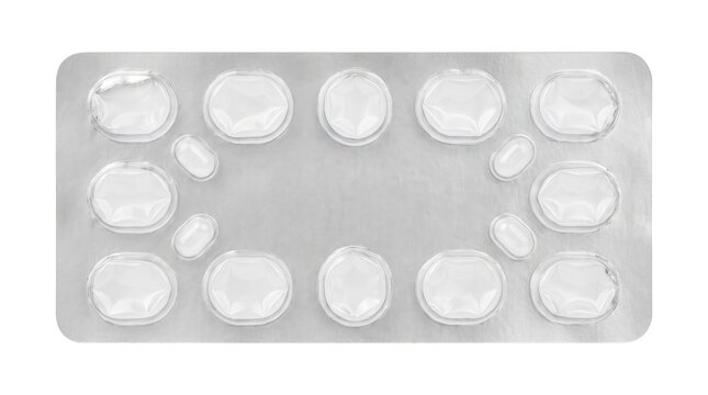 Empty medicine blister pack with used pill slots on a clean white background.