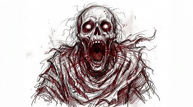 Halloween undead zombie skeleton screaming in horror sketch style