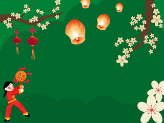 Fototapeta premium Chinese New Year Green Jade Background with Sky Lanterns, Red Lanterns and Plum Blossom for Greeting Card