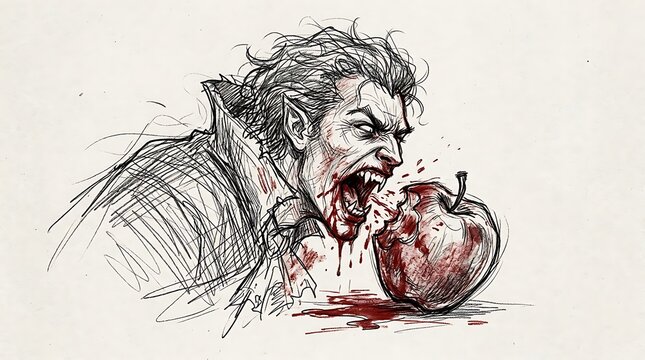 Vampire biting a bloody apple sketch for halloween