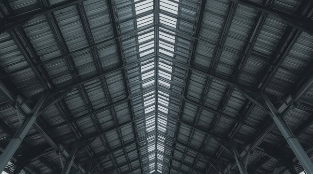Perfectly centered view of repeating steel roof beam and skylight structure creating dark industrial architectural pattern with balanced symmetry and high fidelity