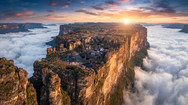 Mount Roraima Sunrise Aerial View Above Cloud Sea, Tepui Mountain and Dramatic Tropical Landscape