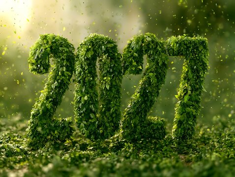 2027 green numbers made of leaves on ground