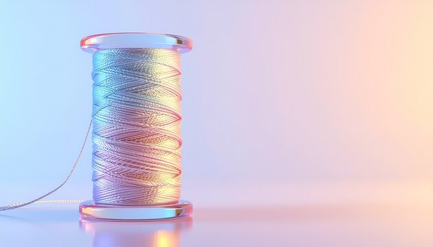 A single glass spool of thread with iridescent reflections on a soft pastel background