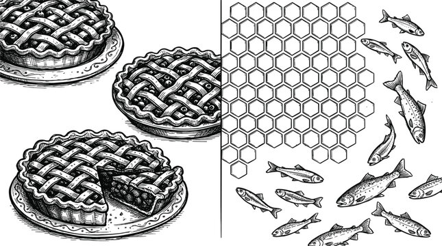 Hand drawn vintage food set featuring lattice berry pies honeycomb pattern and swimming fish engraving vector