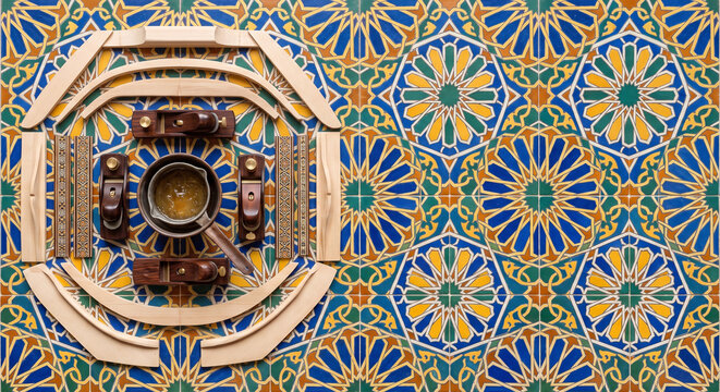 Top down view of Spanish guitar luthier tools on Andalusian ceramic tiles