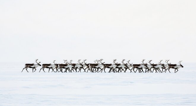 A large herd of reindeer migrating across a vast frozen tundra during the winter season in the Arctic wilderness with snow covered mountains behind.