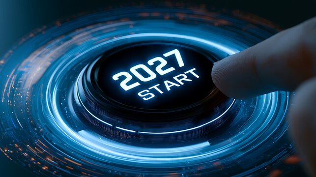 Start button for 2027, futuristic interface