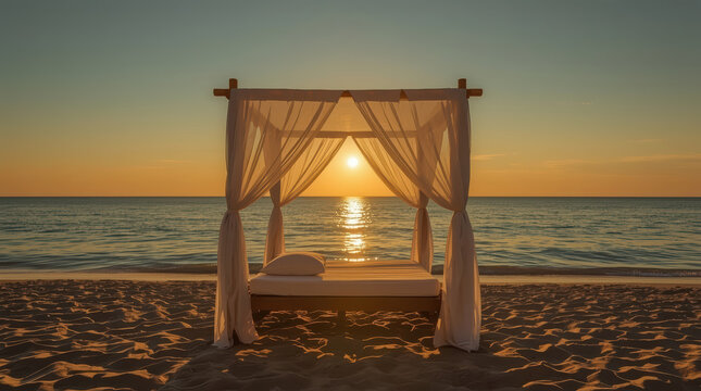 Romantic beach canopy bed beneath white curtain glowing at sunset over calm ocean water and textured sand, creating peaceful seaside escape for relaxation and intimacy