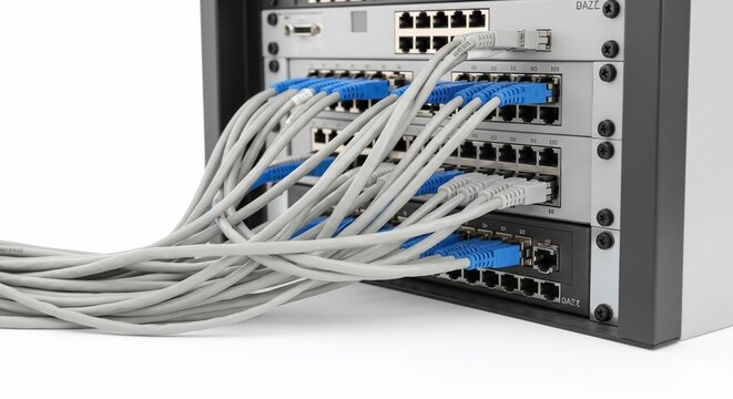 Professional close-up of dense ethernet network cables connected to a high-speed fiber optic switch in a modern enterprise server room data center
