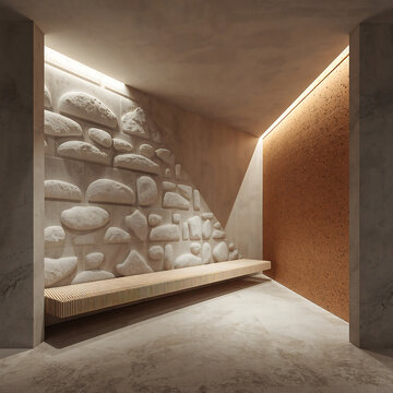 Interior hallway with a textured stone relief wall, a long wooden bench, warm hidden lighting, and a contrasting orange wall in a minimalist space