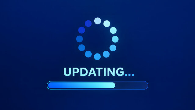 A blue circular loading spinner and progress bar display an updating status on a dark backdrop. Minimalist digital UI graphics represent software installation and system buffer. Vector interface.