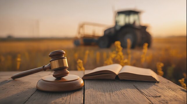 Gavel and law book in a tranquil farming setting.