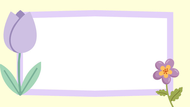 Purple tulip floral border frame, pastel flower background with copy space, cute botanical note card template for spring