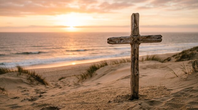Wooden cross on a sandy beach at sunset with ocean waves.