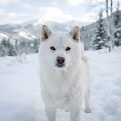 Obraz premium White Fluffy Dog Standing in Snowy Winter Forest Landscape