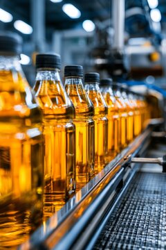 Oil bottles moving on industrial manufacturing conveyor belt, vertical