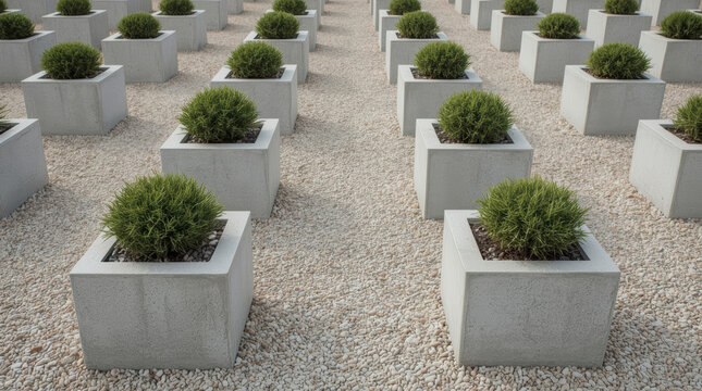 Symmetrical concrete planter arrangement with green shrub, gravel ground, and repeating geometric pattern creating calm modern outdoor landscape