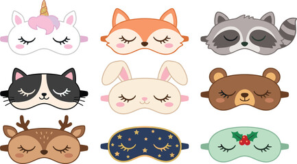 Obraz premium Cute Sleep Mask Icon Vector Set with Starry Night Sky, Christmas Holly, and Animal Eye Covers for Bedtime Graphic Designs