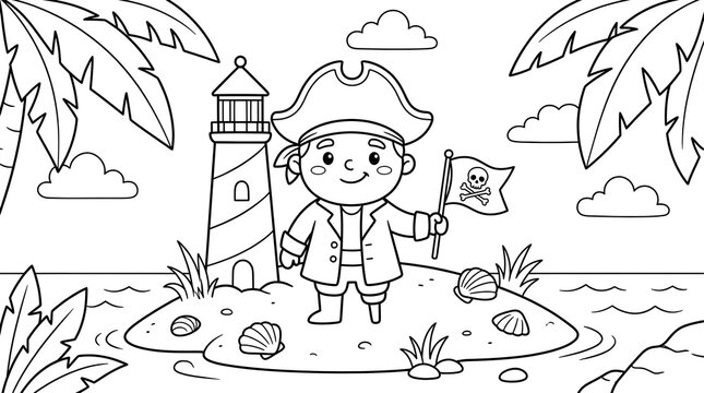 Cartoon pirate boy standing near lighthouse with flag