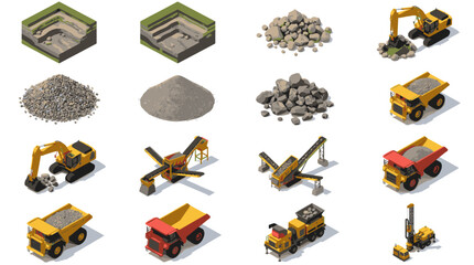 Creative Isometric of Heavy Construction Machinery and Mining Equipment in Action with Rocks and Dirt © Upoyo