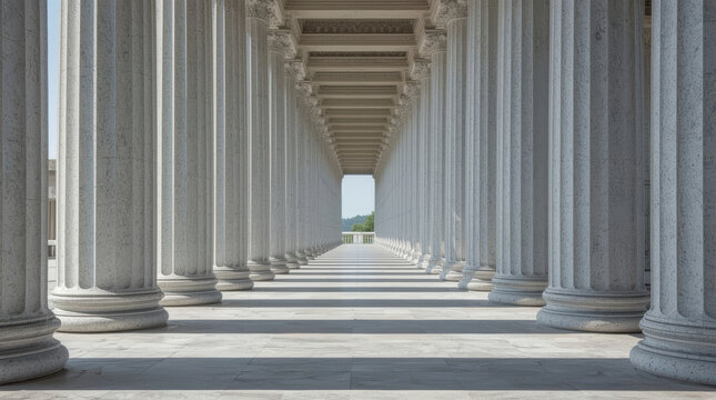 Symmetrical stone column colonnade corridor architecture sunlight perspective