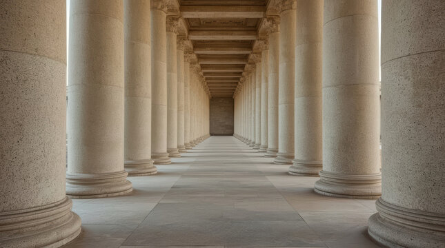 Symmetrical stone colonnade with polished columns, classical architecture, and long quiet passage in warm natural light