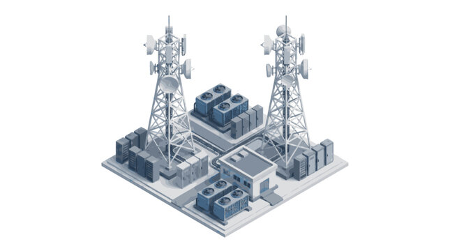 Creative Isometric of Modern Data Center with Cell Towers and Servers in Blue Gray Tone with high quality professional line art symbols for modern creative design and digital branding projects