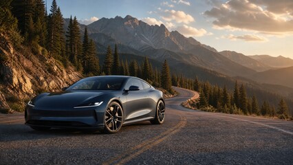 Naklejka premium Sports car on a winding mountain road. Dark coupe vehicle parked along an asphalt highway during sunset. Alpine peaks with pine tree forests. Commercial automotive advertising photography