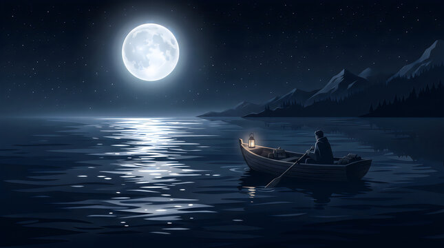 Small boat drifting moonlit water peaceful solitude concept award winning illustration