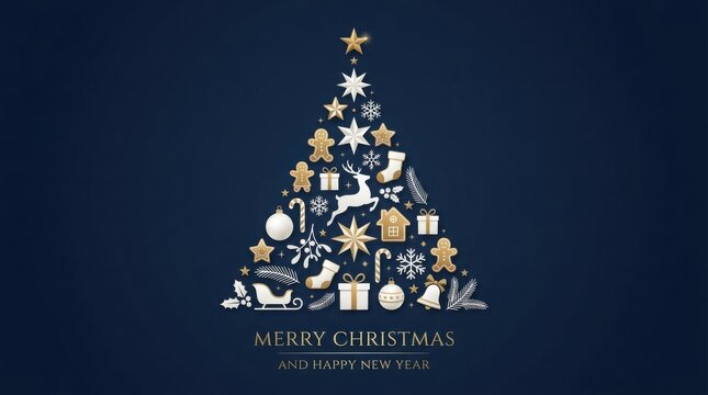 Christmas tree composed of festive ornaments with warm light against a deep blue background