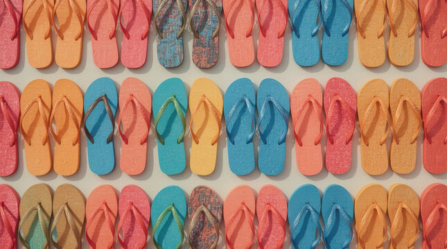 Colorful flip flop sandals arranged in neat rows, creating cheerful pattern of summer footwear with varied texture, shape, and color