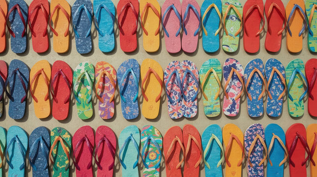 Colorful flip flop collection arranged in neat rows, displaying varied patterns, bright color, and textured rubber on neutral background for summer footwear retail