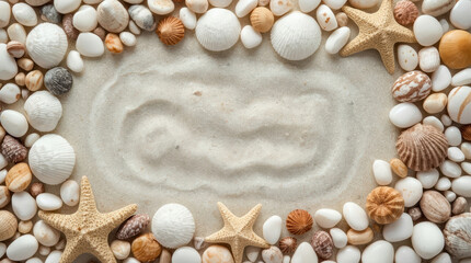 Obraz premium Seashell starfish pebble sand circle texture creates calm coastal frame with natural seashell detail and open center for summer design