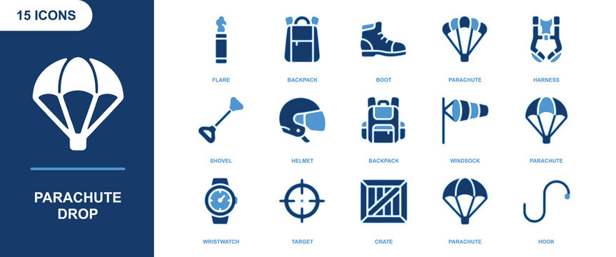 Parachute drop icon sheet with 15 blue symbols including parachutes, backpacks, helmets, boots, and tactical gear on a white background