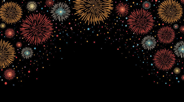 Firework display forming colorful arch with radiant bursts and glowing sparks against black background, creating festive celebratory atmosphere for event design