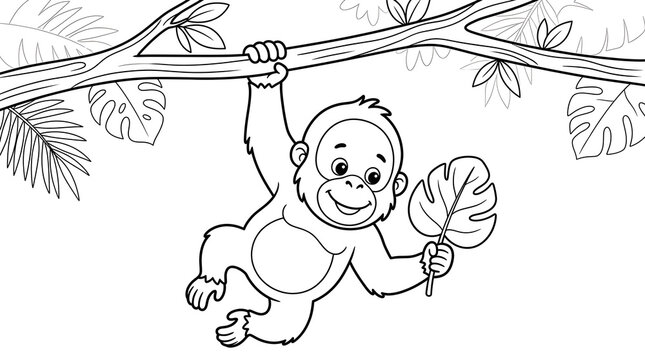 Happy cartoon monkey hanging from tree branch with leaf