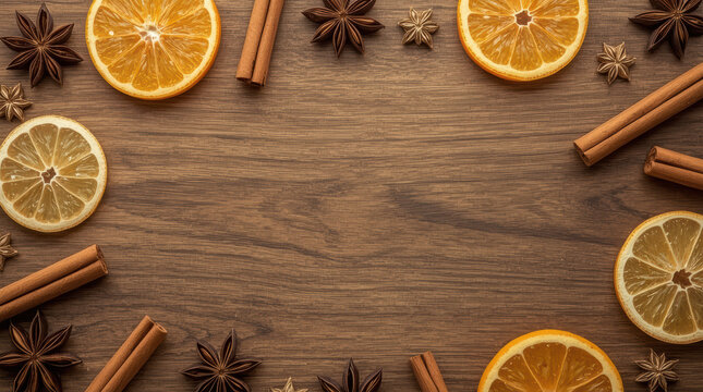 Walnut wood tabletop orange cinnamon star anise copy space