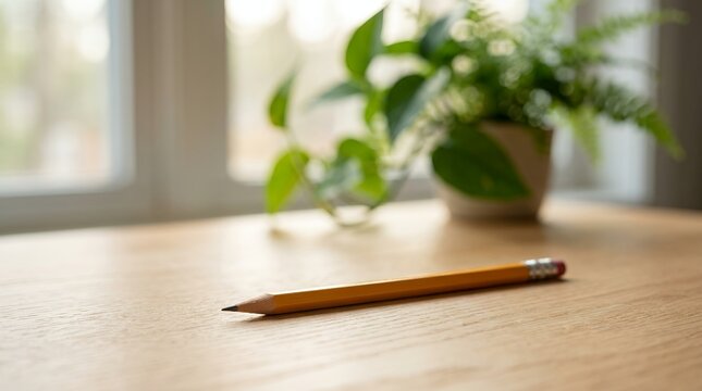 Pencil on wooden table with plant and window background.