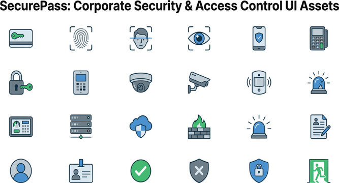 Corporate Security and Access Control UI Asset Sheet with Flat Line Symbols for Biometric Fingerprint Face Recognition Iris Scan Smart Lock and Surveillance CCTV Graphic Designs