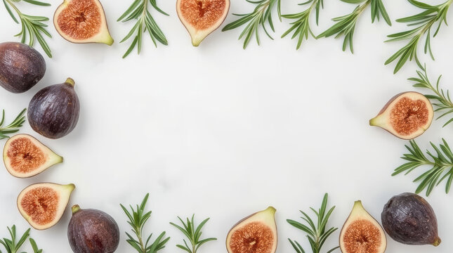 Fresh fig rosemary white marble background with generous copy space, overhead food arrangement creating natural border and inviting culinary mood
