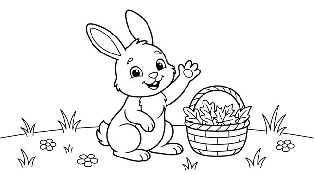 Cute cartoon easter rabbit waving with basket of flowers