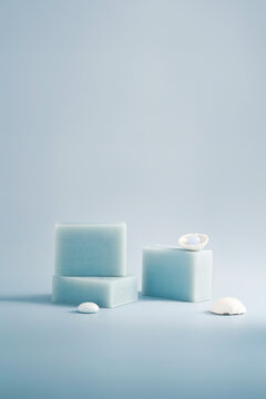Sea inspired handmade soap bars with seashell still life
