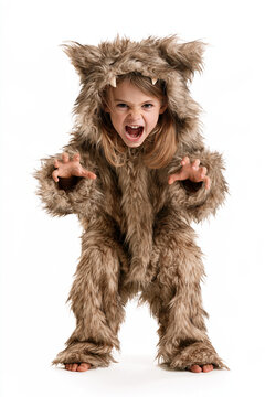 Werewolf Costume on White Background with Roaring Girl in Full Body Furry Halloween Monster Outfit and Claw Pose